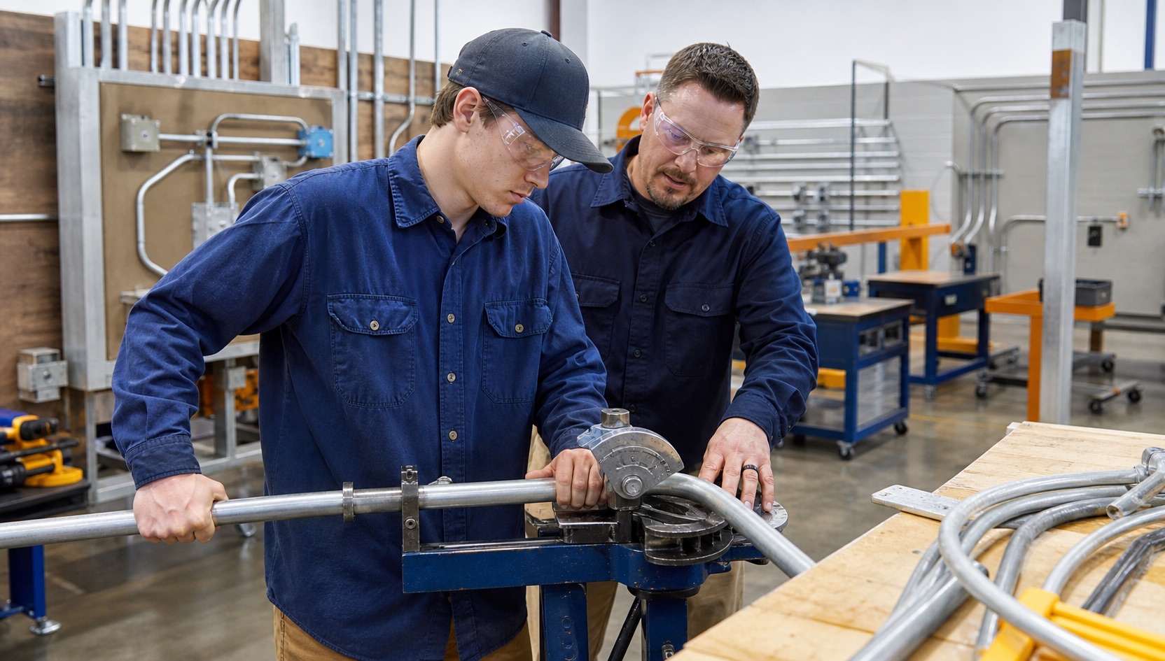 Electrical apprentice learning to bend conduit in a training lab