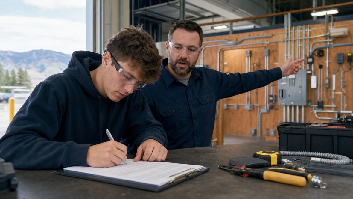 Prospective electrical apprentice completing application paperwork in a training lab