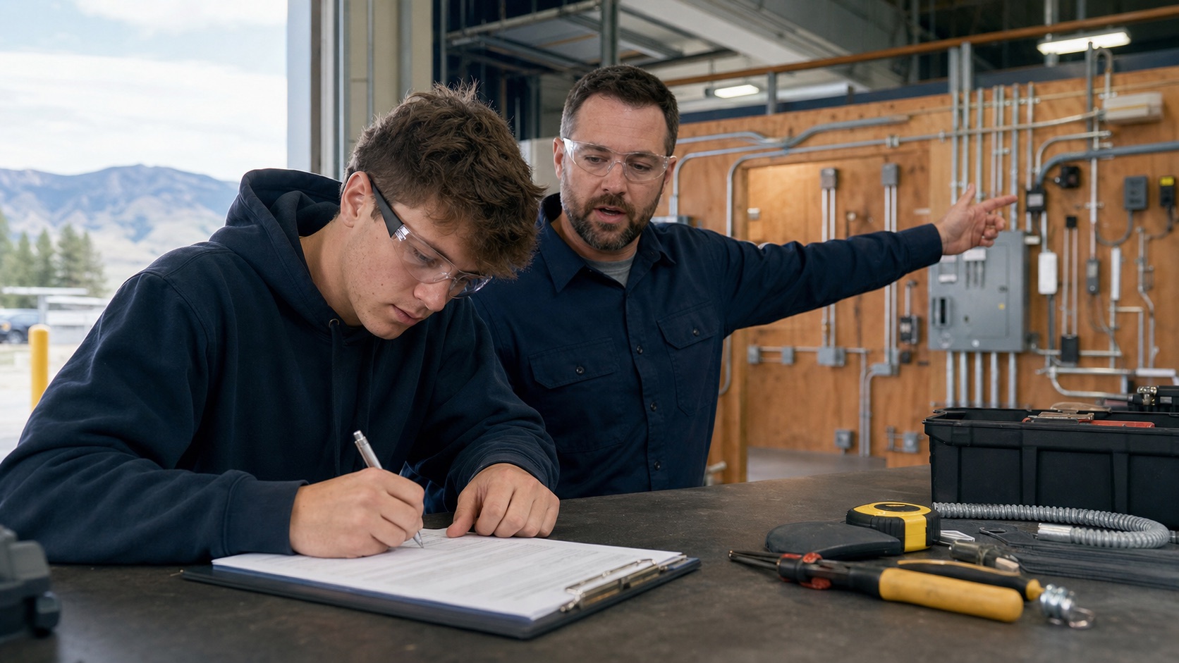 Prospective electrical apprentice completing application paperwork in a training lab
