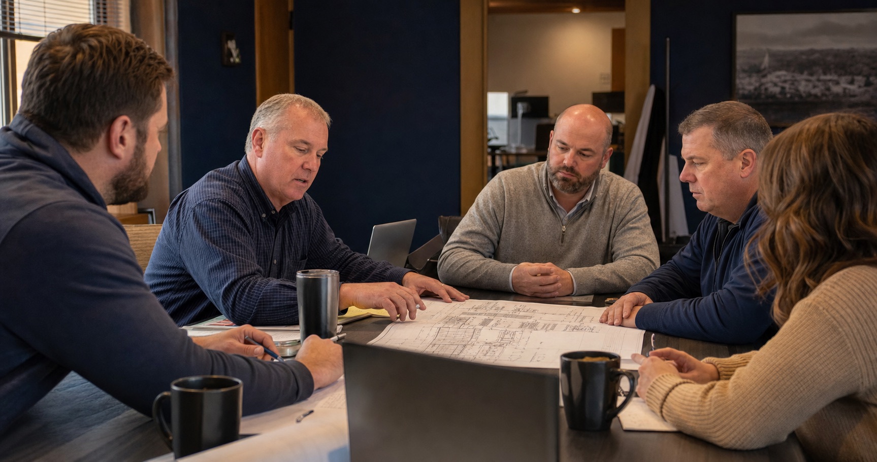 Electrical contractor leaders reviewing drawings in a chapter meeting