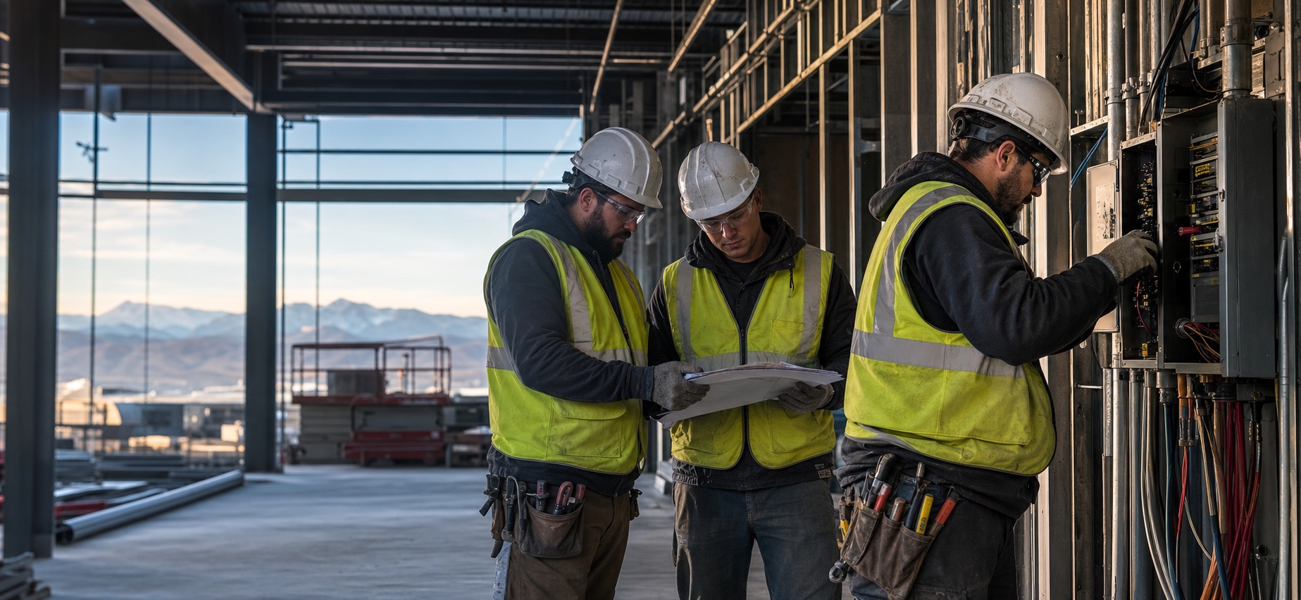 Journeyman electricians reviewing plans and panel work on an Idaho commercial jobsite